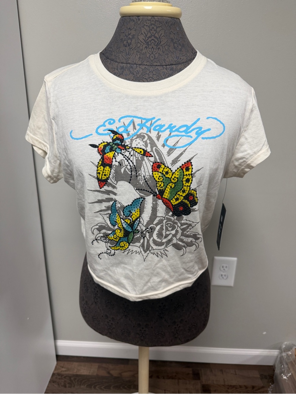 NWT Ed Hardy Women’s Cream Graphic Butterfly Tee